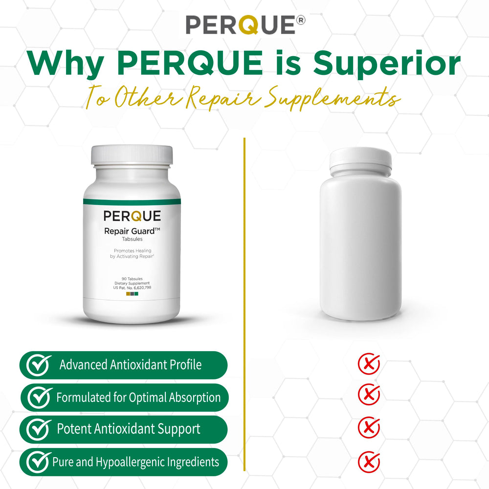 Perque Repair Guard capsules inside bottle emphasize cofactors and vitamins.
