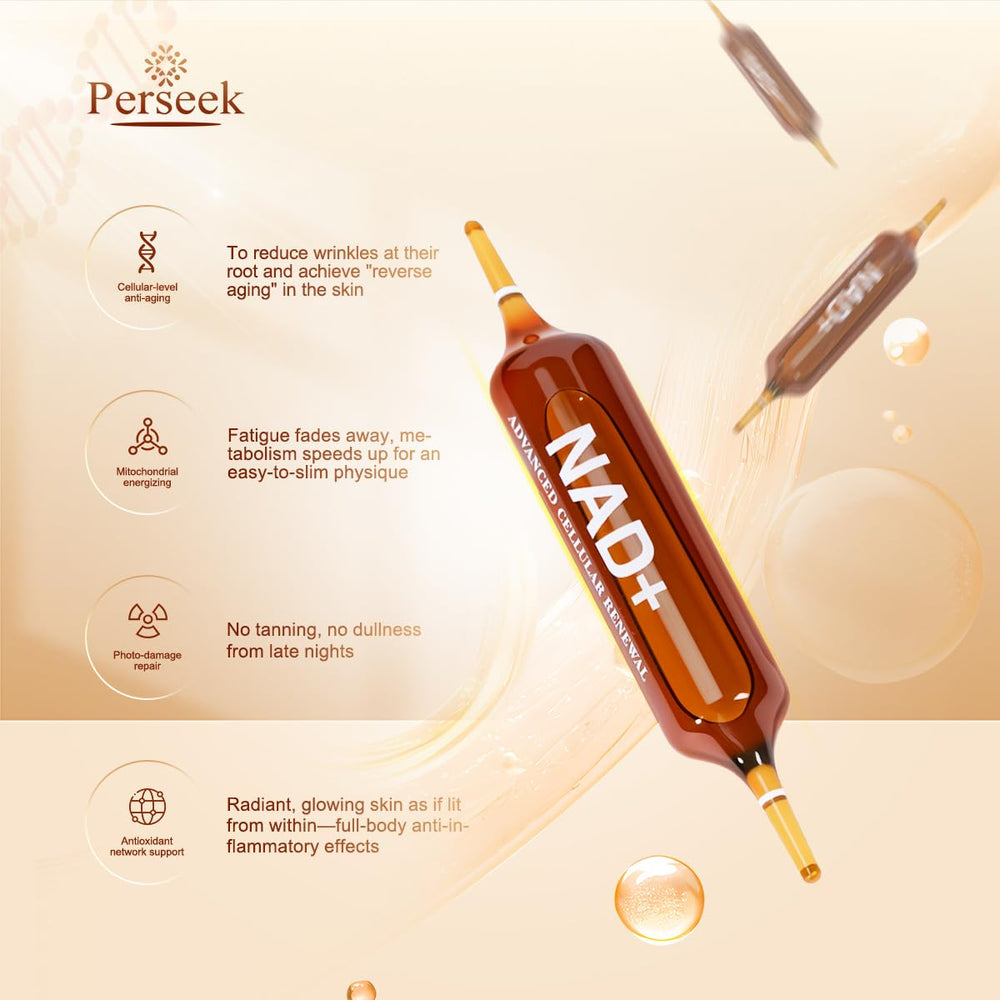 Pouring Perseek NAD+ liquid from a vial for quick absorption