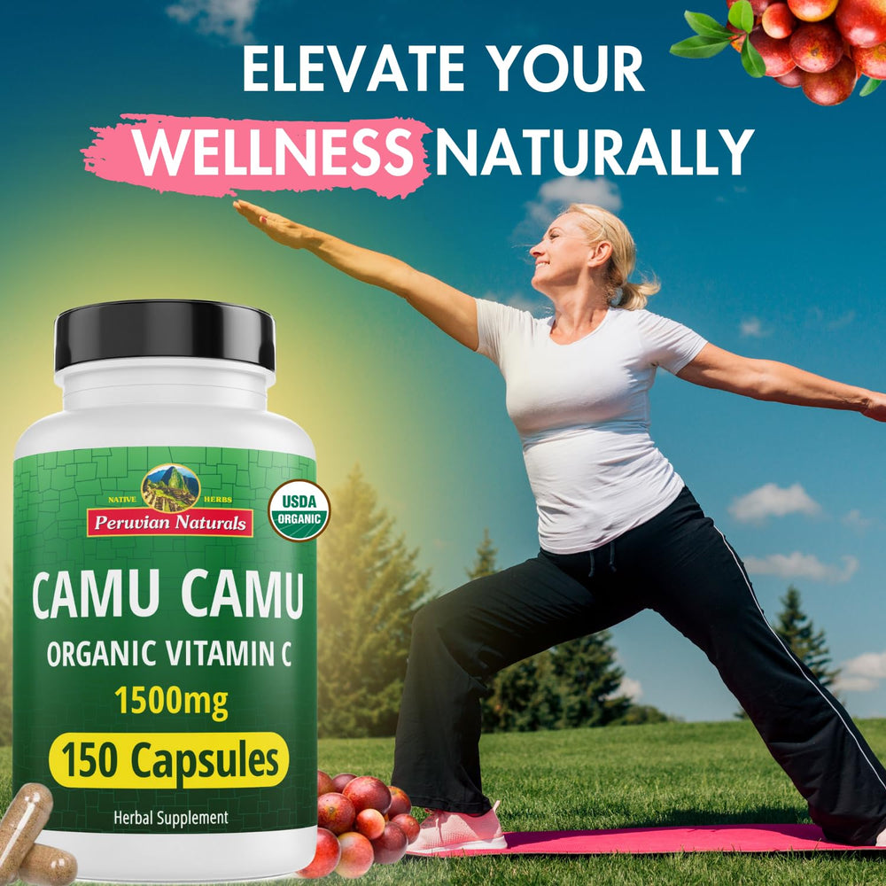 Camu Camu bottle on counter for easy daily vitamin C routine.