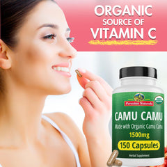 Capsules close-up highlighting high potency vitamin C from Camu Camu.