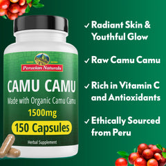 Label close-up showing organic, sustainably sourced Camu Camu ingredients.