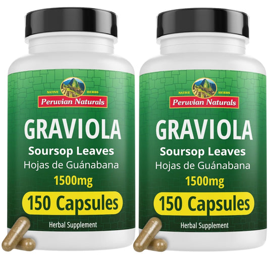 Peruvian Naturals Graviola capsules bottle, convenient daily herbal supplement.