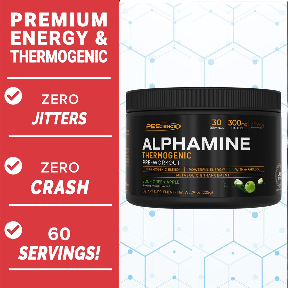 PEScience Alphamine scoop close-up highlighting precise dosing for consistent use.