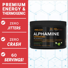 PEScience Alphamine scoop close-up highlighting precise dosing for consistent use.