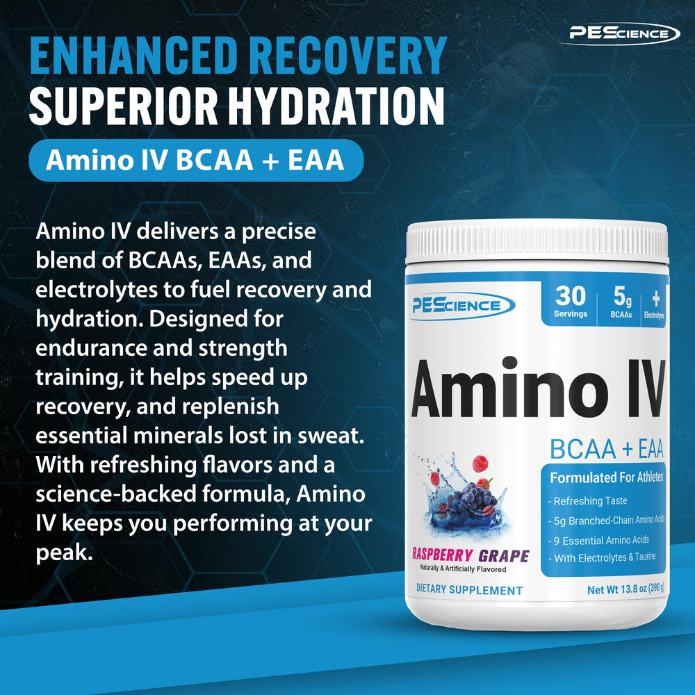 PEScience Amino IV pouring into glass for crisp, sugar-free hydration.