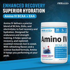 PEScience Amino IV pouring into glass for crisp, sugar-free hydration.