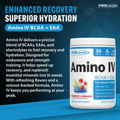 PEScience Amino IV rapid-absorption BCAAs powering training.
