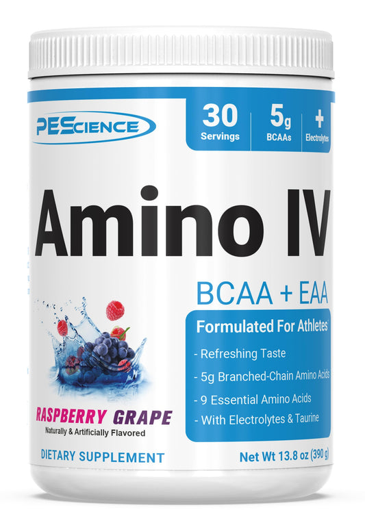PEScience Amino IV Raspberry Grape bottle ready for post-workout hydration.