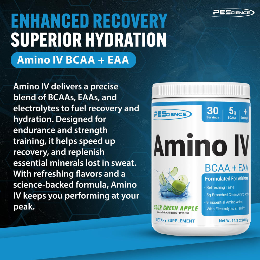 PEScience Amino IV scoop illustrates easy dosing for post-workout refreshment.