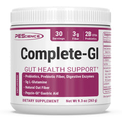 PEScience Complete-GI bottle closeup showing label and powder for gut support