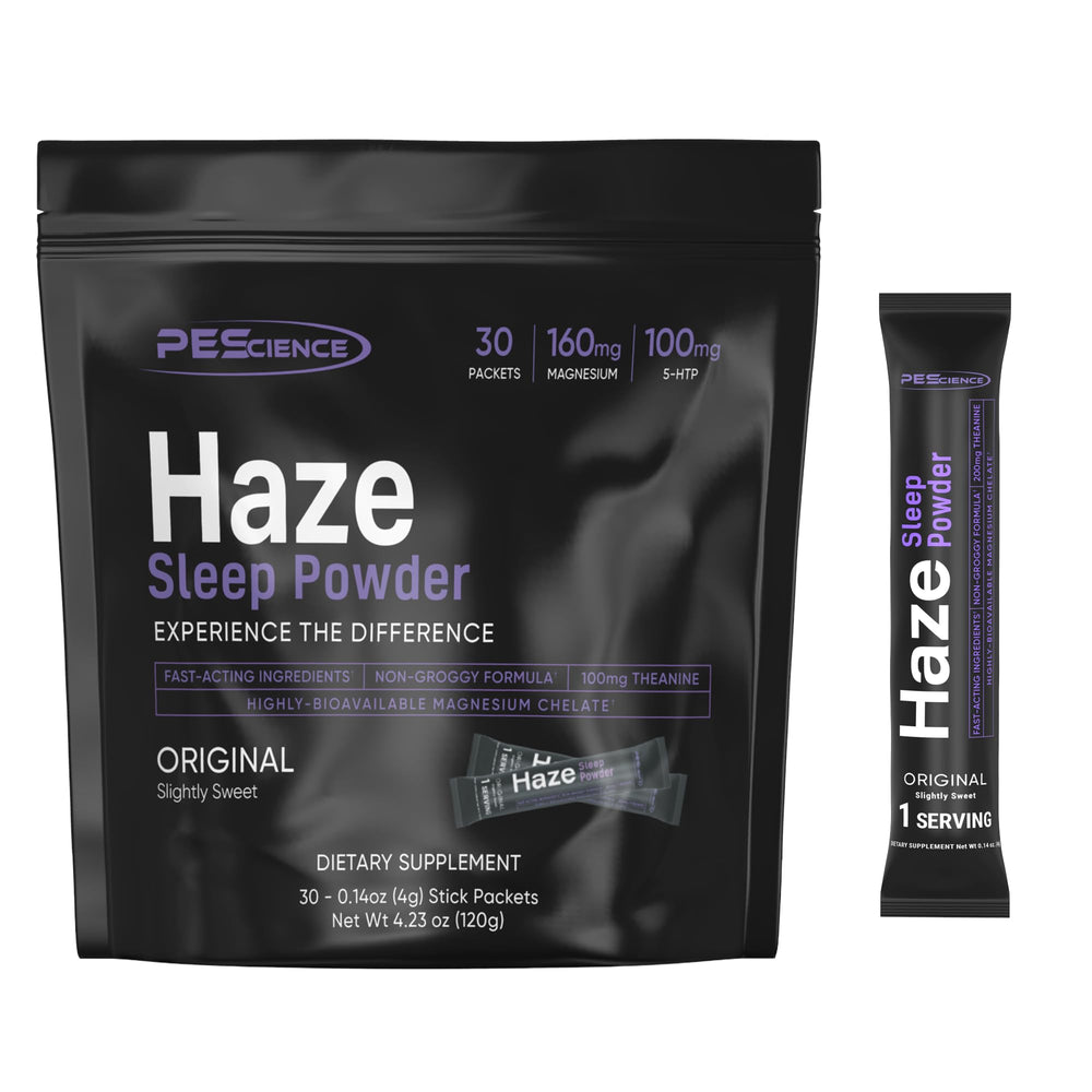 PEScience Haze sleep powder bottle pour for a relaxing nightly routine.