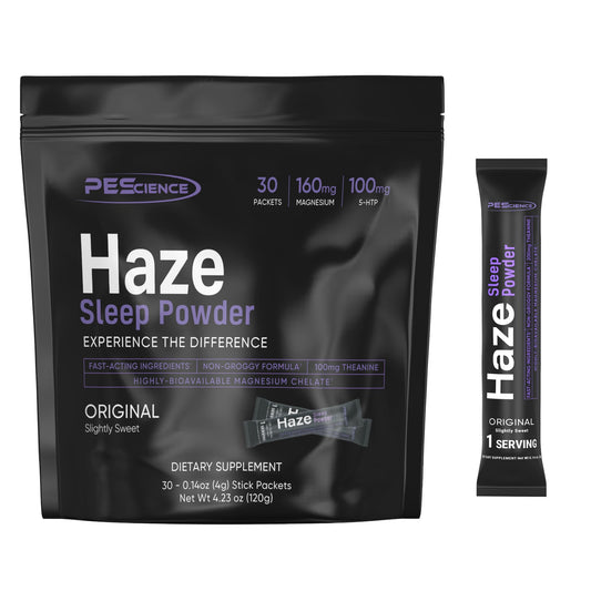PEScience Haze sleep powder bottle pour for a relaxing nightly routine.