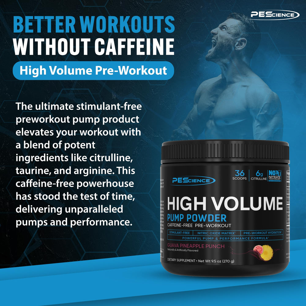 PEScience High Volume scoop beside bottle highlights rapid pre-workout mixing.