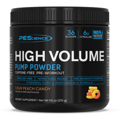 PEScience High Volume Sour Peach Candy tub shows non-stim pre-workout for enhanced pumps.