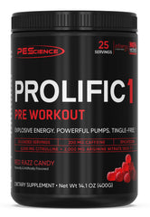 PEScience Prolific-1 front label in Red Razz Candy flavor for bold pre-workout energy