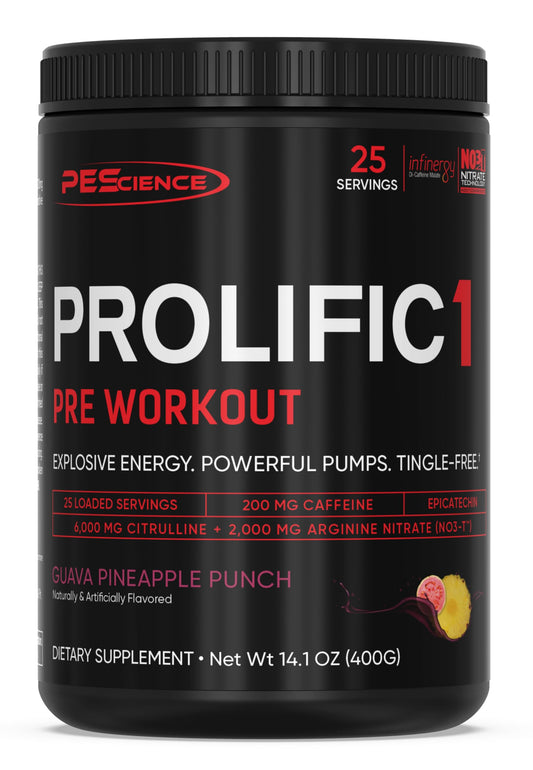 PEScience Prolific-1 jar label showing guava pineapple punch flavor for clean energy