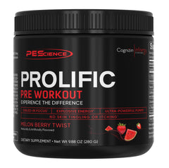 PEScience Prolific bottle front showcases branding and energy-ready pre-workout energy.