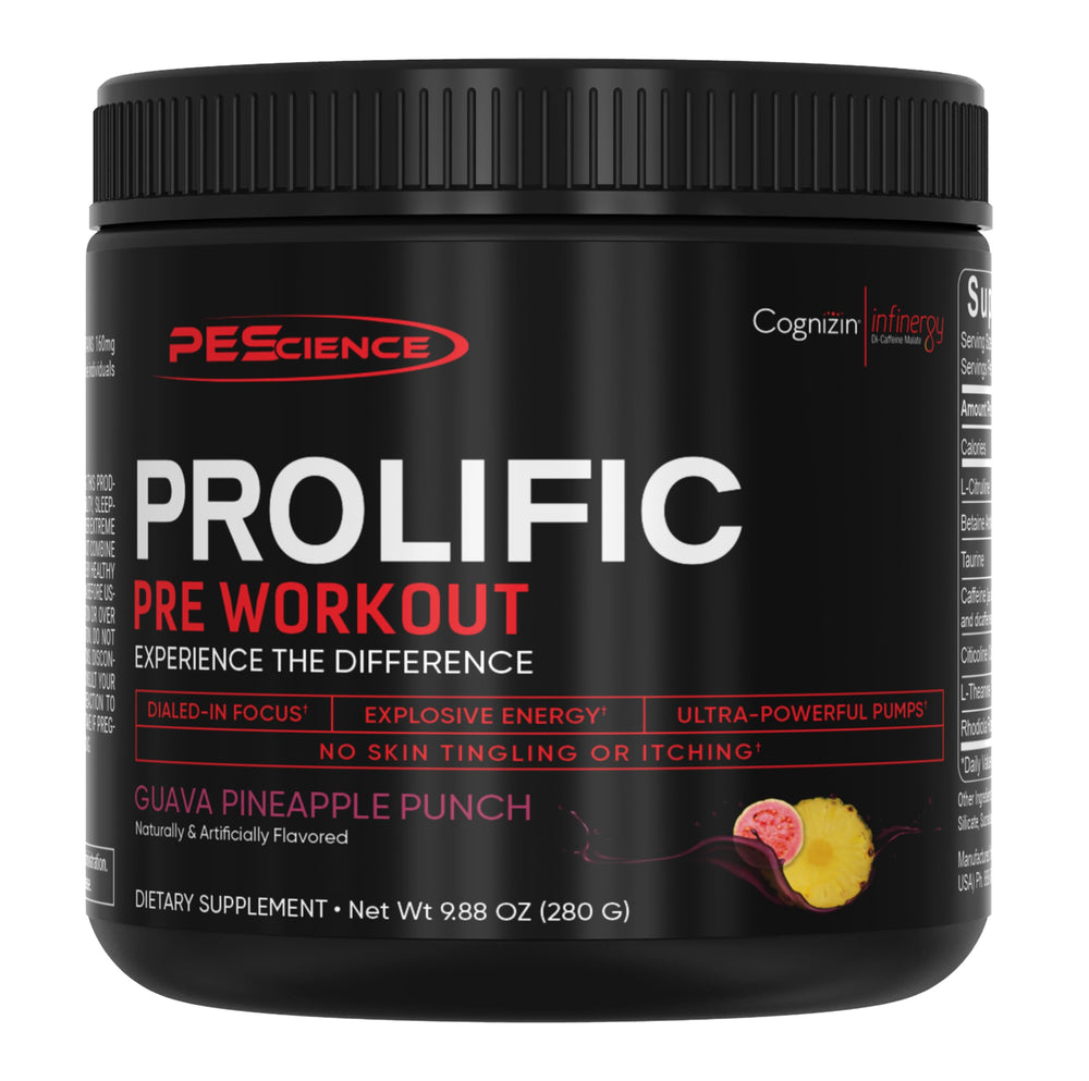 PEScience Prolific bottle front showing energy-boosting pre-workout for workouts
