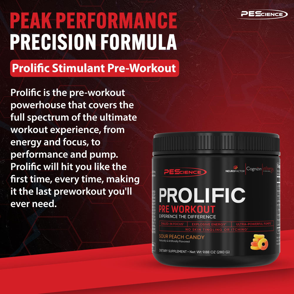 PEScience Prolific scoop on lid, ready for a quick pre-workout mix.