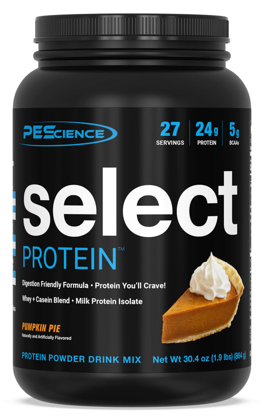 PEScience Select Pumpkin Pie protein powder tub front, ideal for low-calorie shakes.