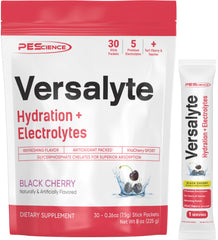 PEScience Versalyte black cherry packets dissolving in water for refreshing hydration.