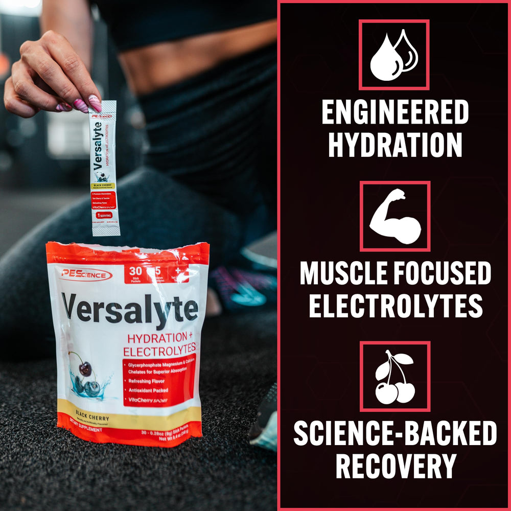 PEScience Versalyte Wild Berry packet dissolving in water for quick hydration.