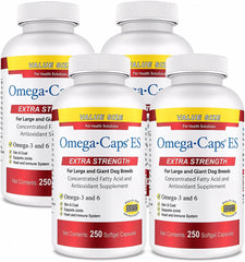 Pet Health Solutions Omega-Caps ES bottle shows easy daily dosing for large breeds.