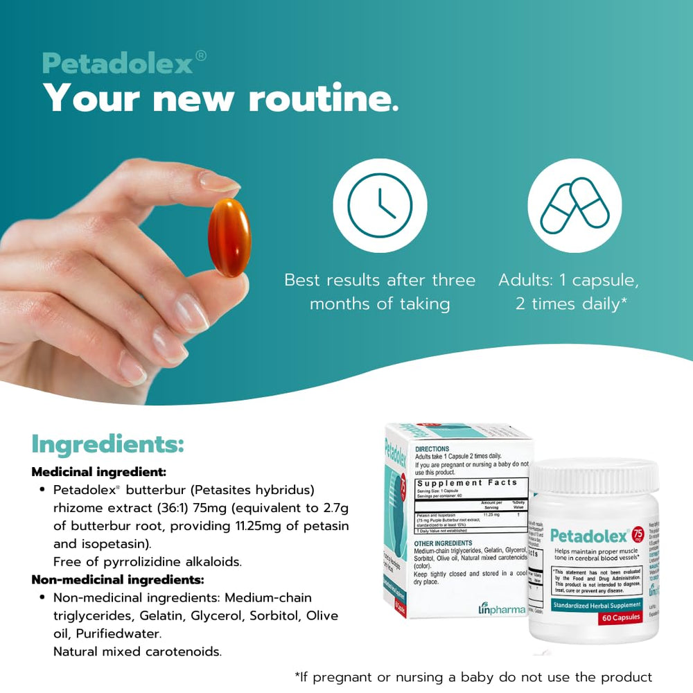 Petadolex bottle on shelf for daily headache prevention routine