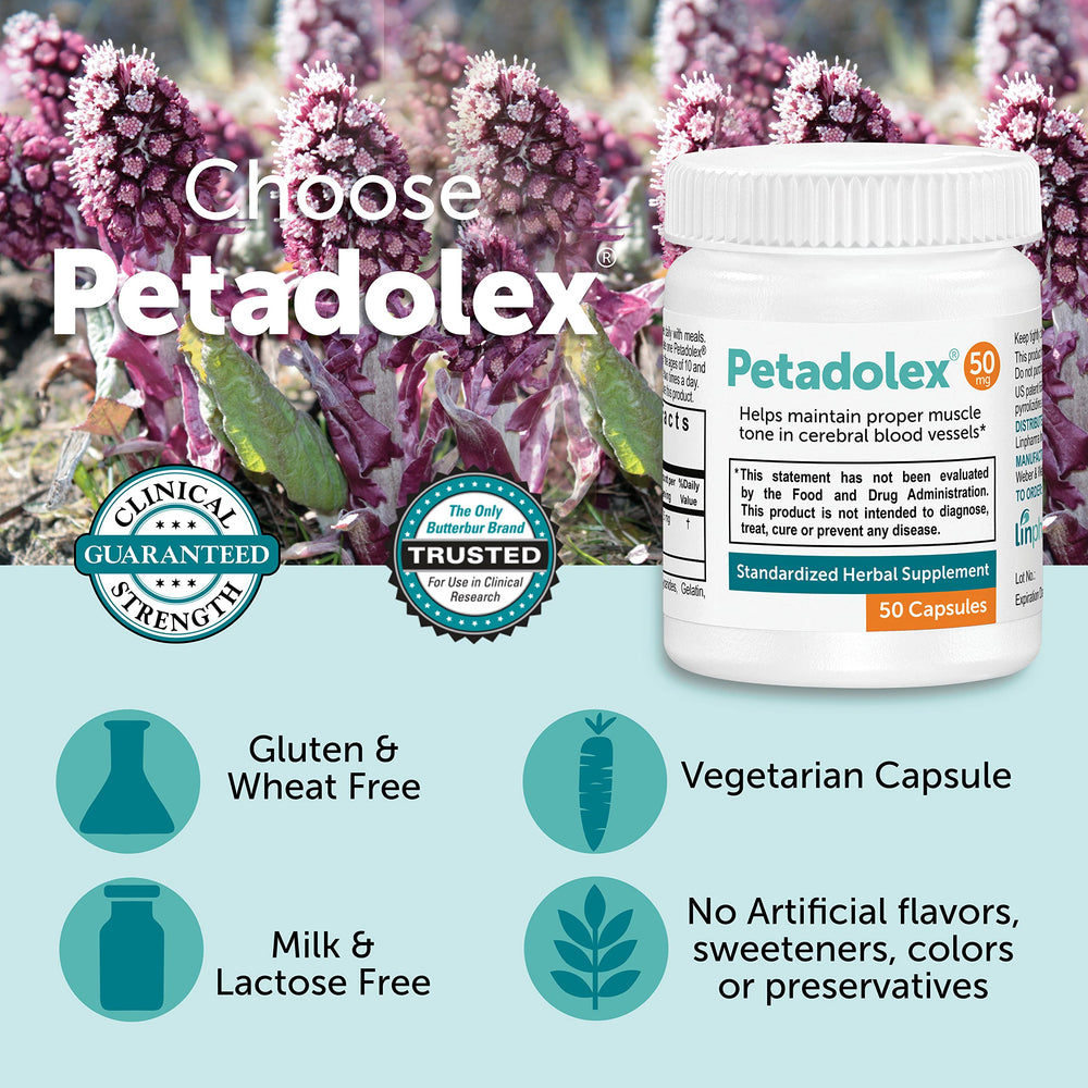 Petadolex Linpharma bottle label with 50mg strength and PA-free claim