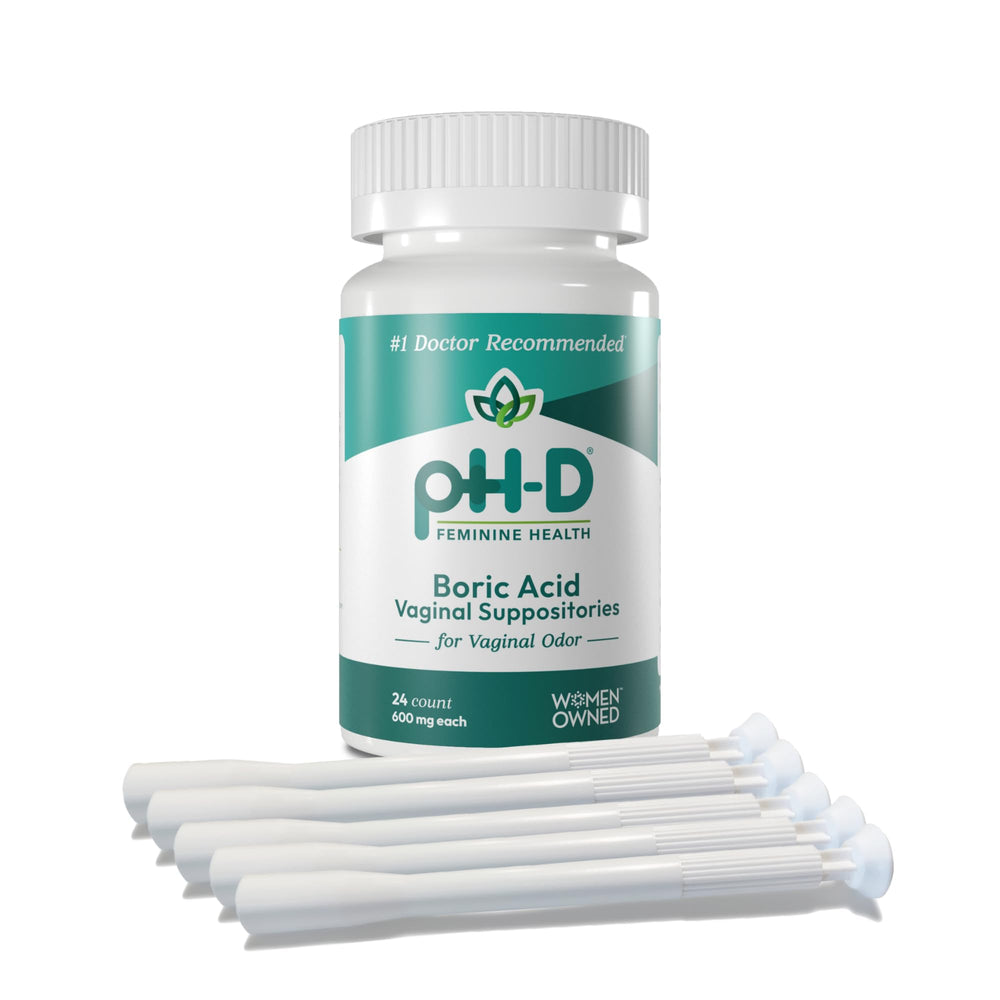 The pH-D boric acid suppositories 24-count bottle supports pH balance.