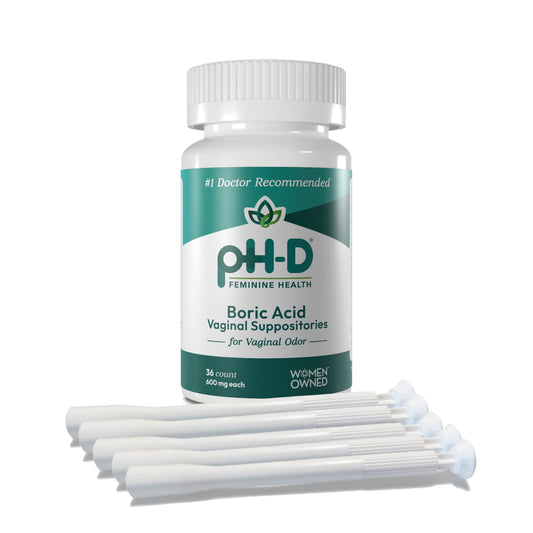 pH-D boric acid suppositories 36-count displayed on table for daily use.