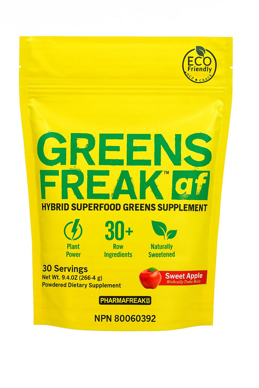 Pharmafreak Greens Freak bottle with label, vegan daily greens for energy and digestion.