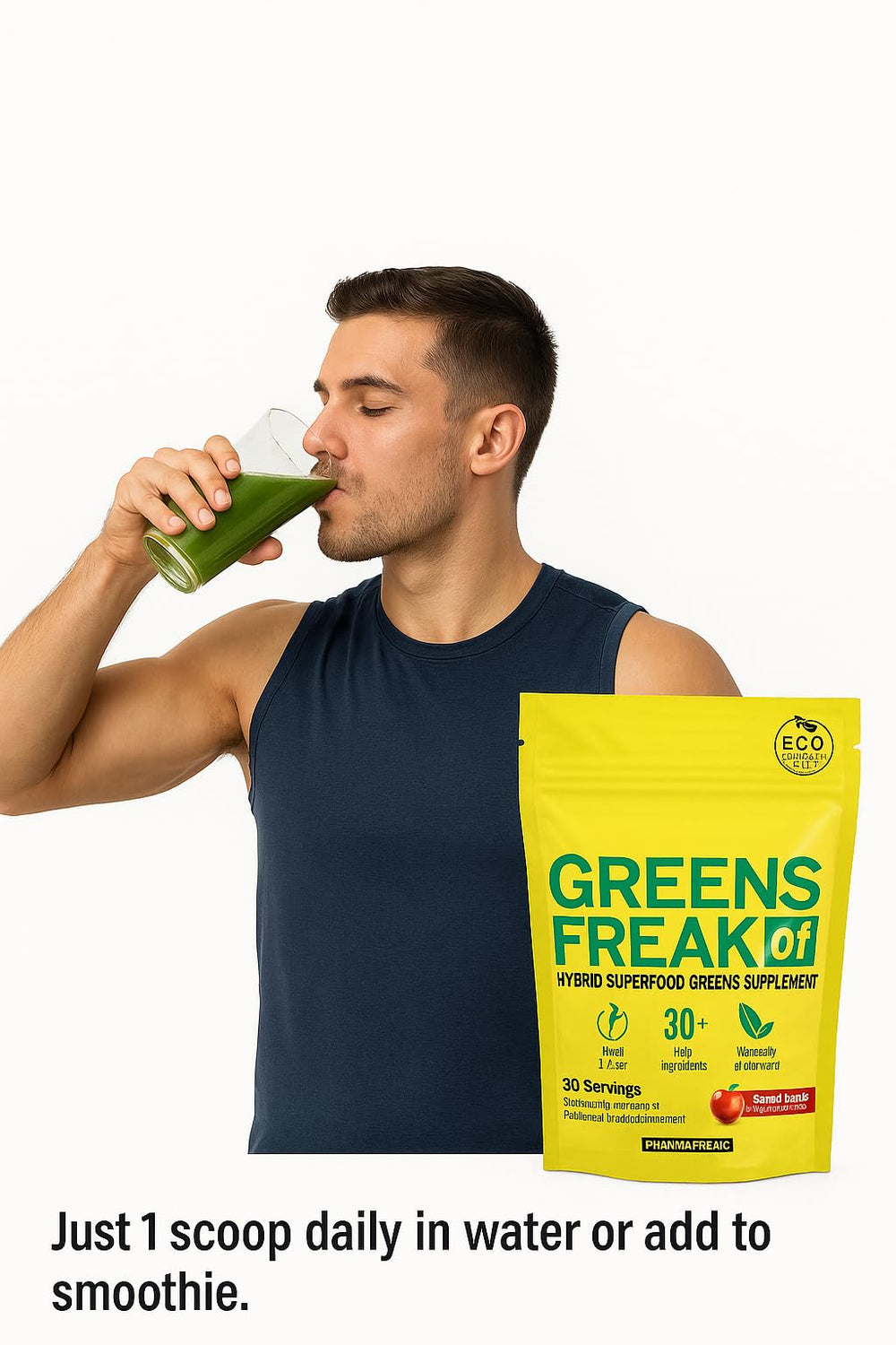 Person adding Greens Freak to morning smoothie for daily vitality.