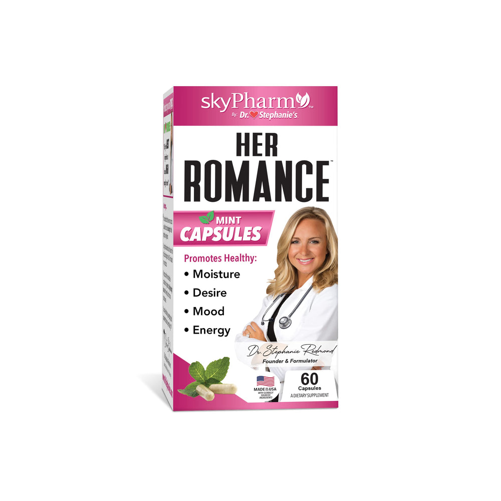 Pharmaganics Her Romance bottle with capsules for daily balance.