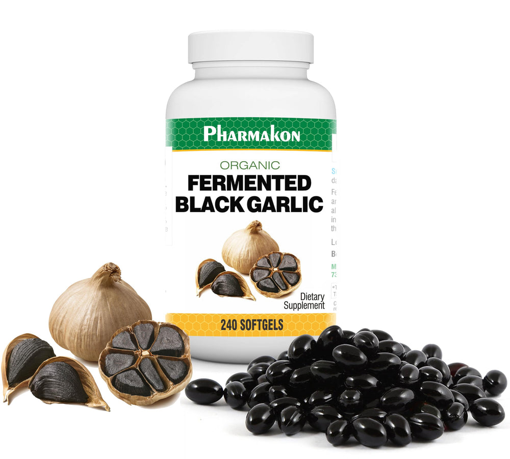 PHARMAKON Organic Aged Black Garlic capsules in a bottle for daily wellness.