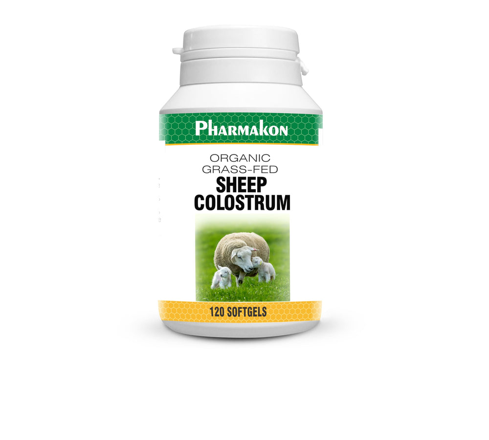 PHARMAKON Organic Sheep Colostrum softgel bottle shows easy-to-swallow capsules for daily use.