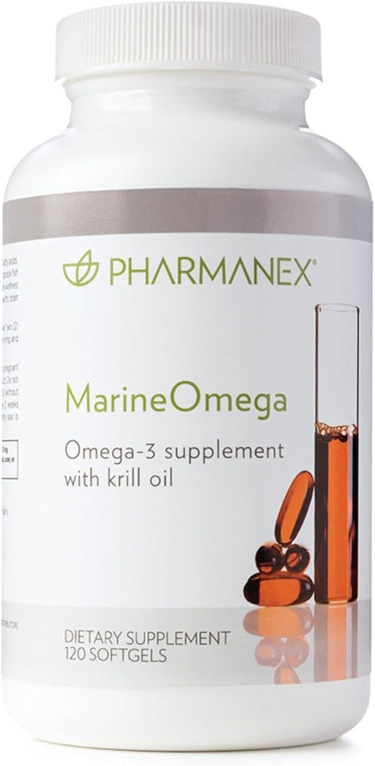 Pharmanex Marine Omega bottle with softgels promotes daily supplementation