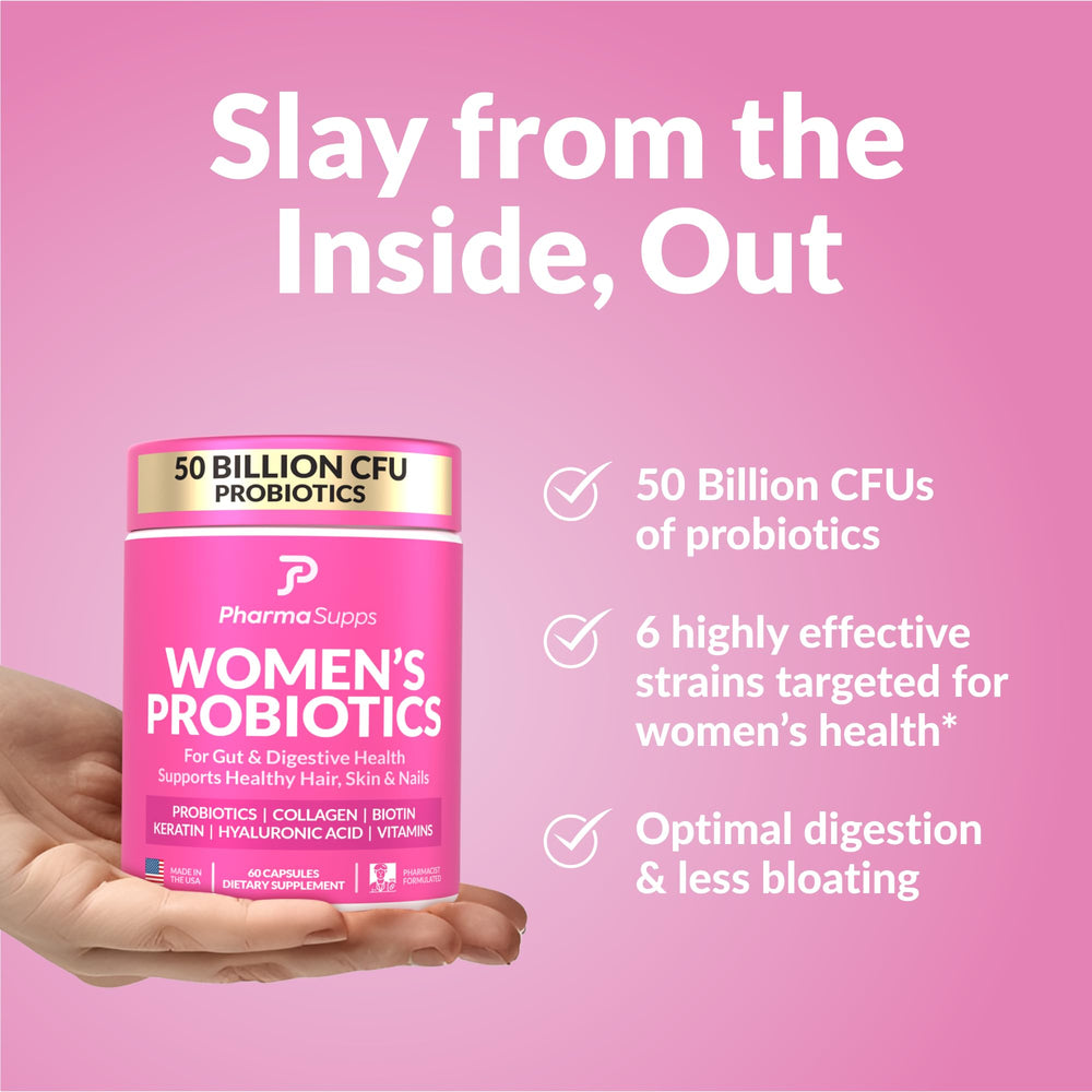 PharmaSupps label shows 50B CFU and six targeted strains for women.