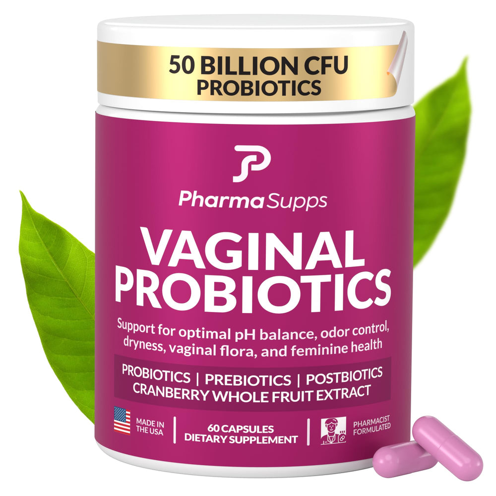 PharmaSupps Women’s Probiotic bottle front supports daily vaginal balance and freshness.