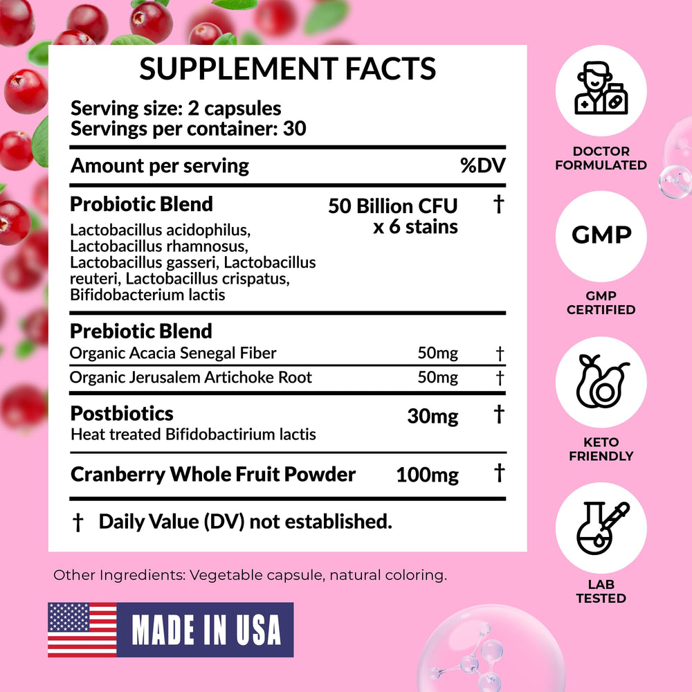 PharmaSupps Women’s Probiotic USA-made facility badge emphasizes quality and safety.