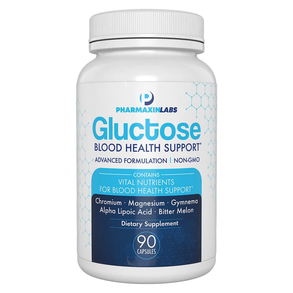 Pharmaxin Labs Gluctose bottle caps illustrate daily capsule form for convenient blood health support.