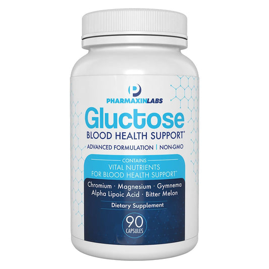 Pharmaxin Labs Gluctose bottle caps illustrate daily capsule form for convenient blood health support.