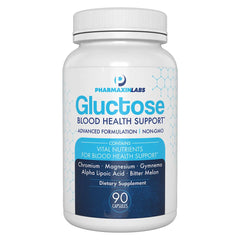 Pharmaxin Labs Gluctose bottle caps illustrate daily capsule form for convenient blood health support.