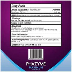 Phazyme Maximum Strength ingredients panel mentions Simethicone and Calcium Carbonate for relief options.