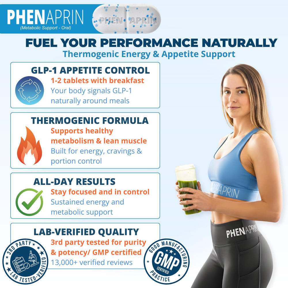 PhenAprin bottle beside a diet planner suggesting structured craving control.