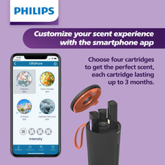 Philips OlfaPure 7300 cartridge shown with long-lasting fragrance up to 3 months.