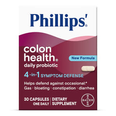 Phillips' Colon Health bottle front shows 30-count probiotic capsules for daily digestive balance.