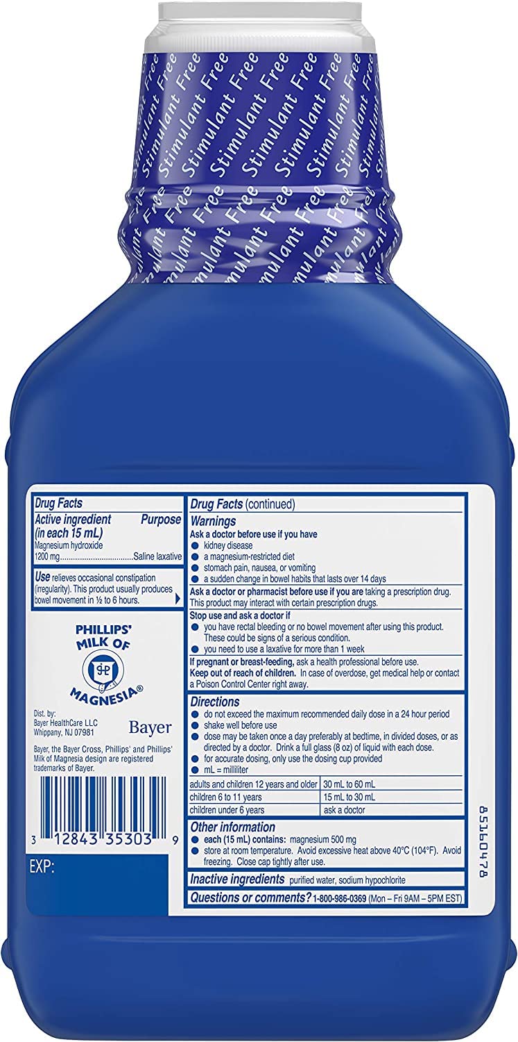 Phillips' Milk of Magnesia packaging box shown for clear label and dosage guidance.