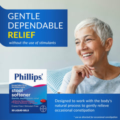 Close-up of Phillips' Stool Softener capsules ready to swallow.
