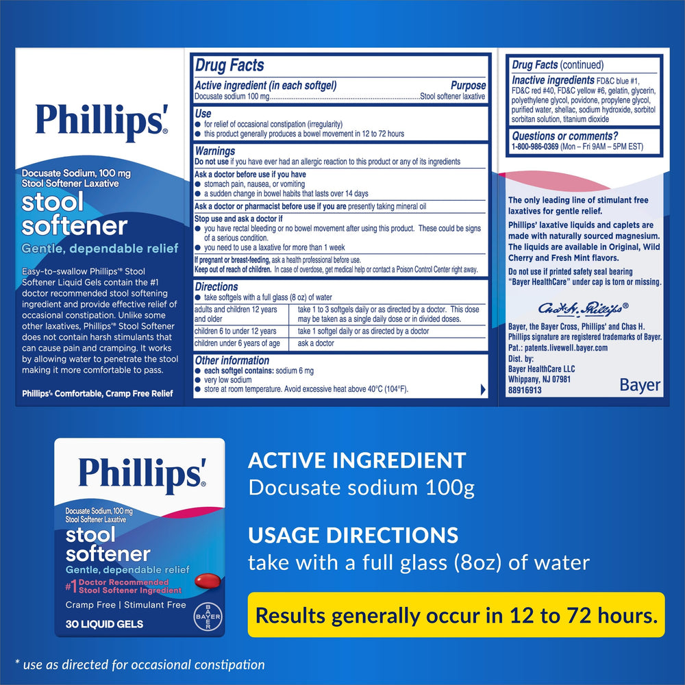 Packaging image of Phillips' Stool Softener showing box and usage info.